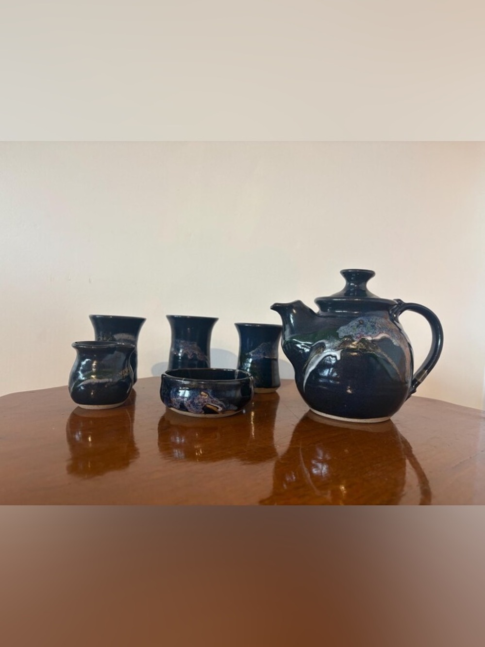 Handcrafted Dark Blue Ceramic Tea Set - Artisan Home Art